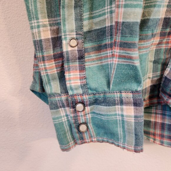 Vtg GUESS Pearl Snap Western Button Up Long Green Plaid Embroidered Men Xl - Picture 11 of 16